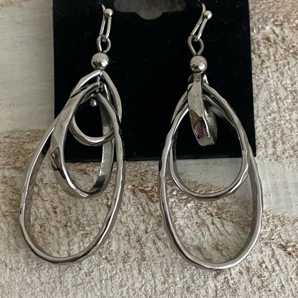 Triple  Intertwined Dangle Silver Tone Hammered Edge Hoops Earrings - Picture 1 of 3